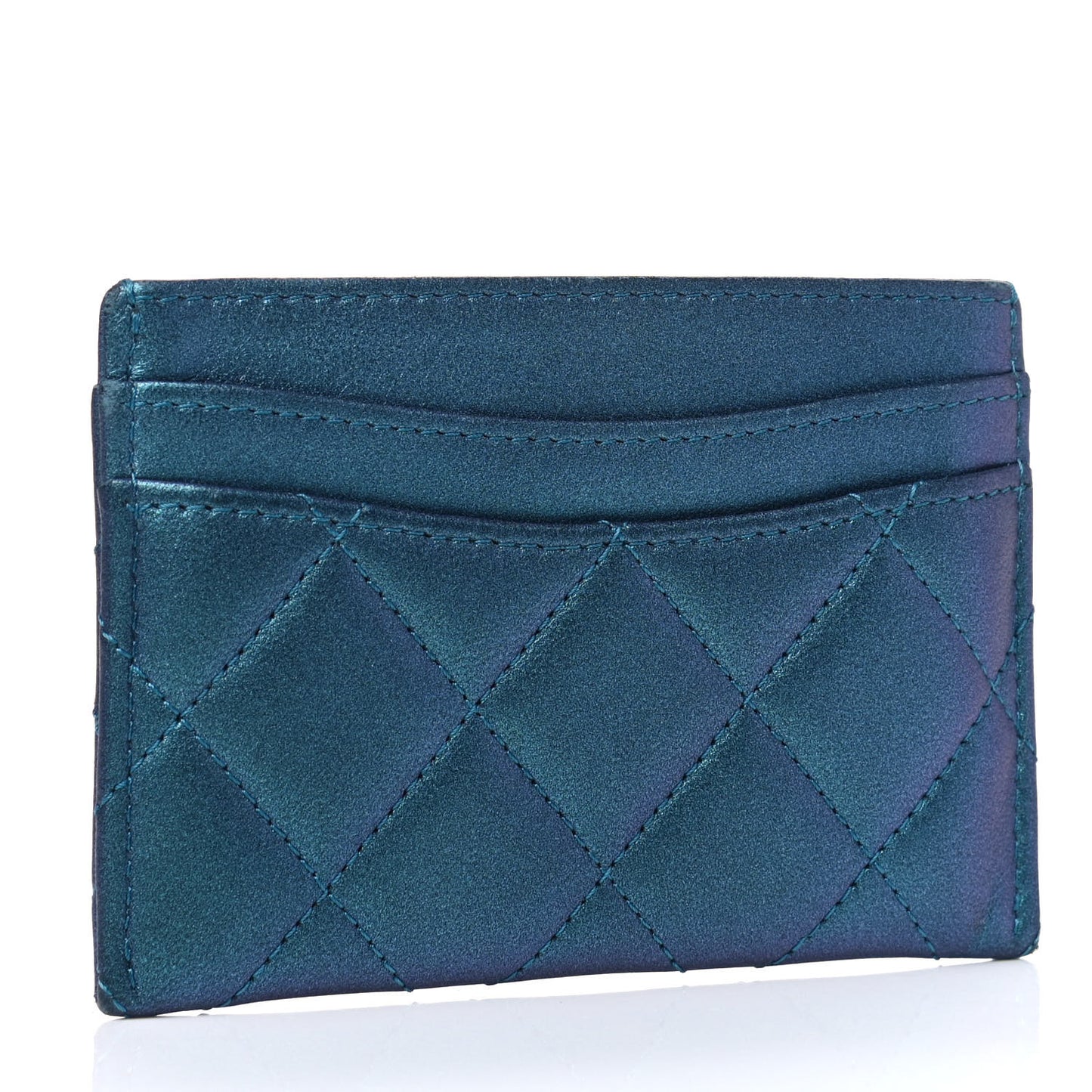 Metallic Lambskin Quilted Card Holder Turquoise