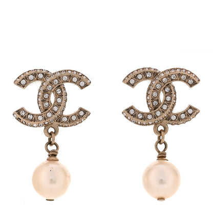 Chanel Crystal Timeless CC Pearl Drop Earrings Light Gold 1 of 5