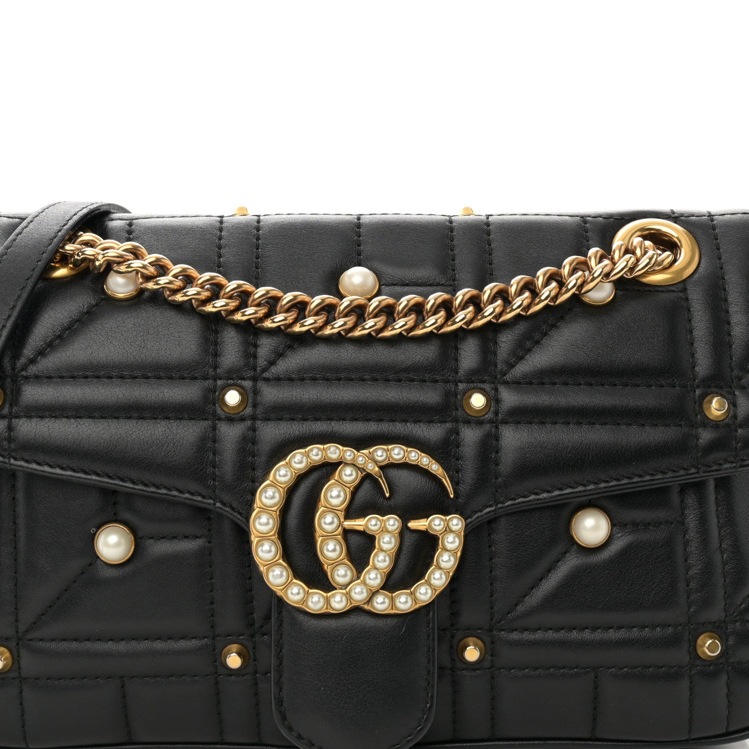 Gucci Calfskin Matelasse Studded Small Pearly GG Marmont Shoulder Bag Black 9 of 12