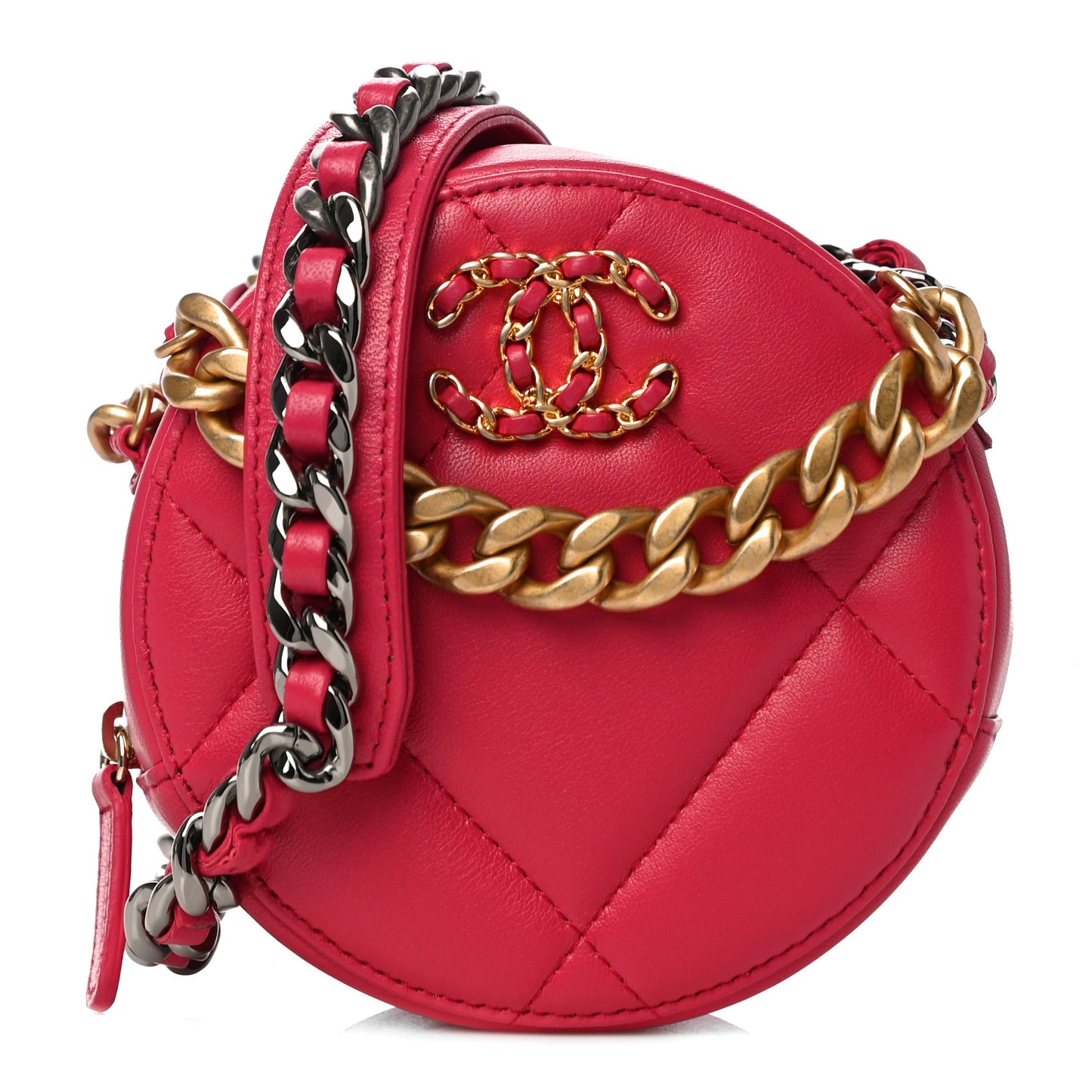 Goatskin Quilted Chanel 19 Round Clutch With Chain Dark Pink
