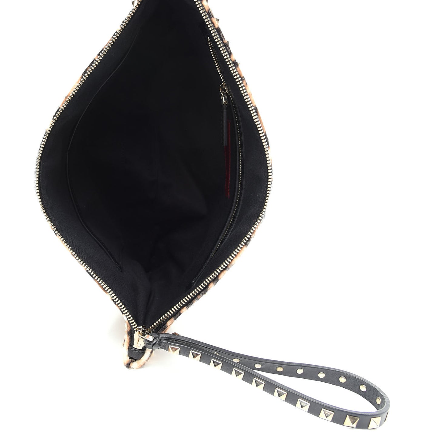 Calf Hair Leopard Print Rockstud Zip Wristlet Pouch Leopard