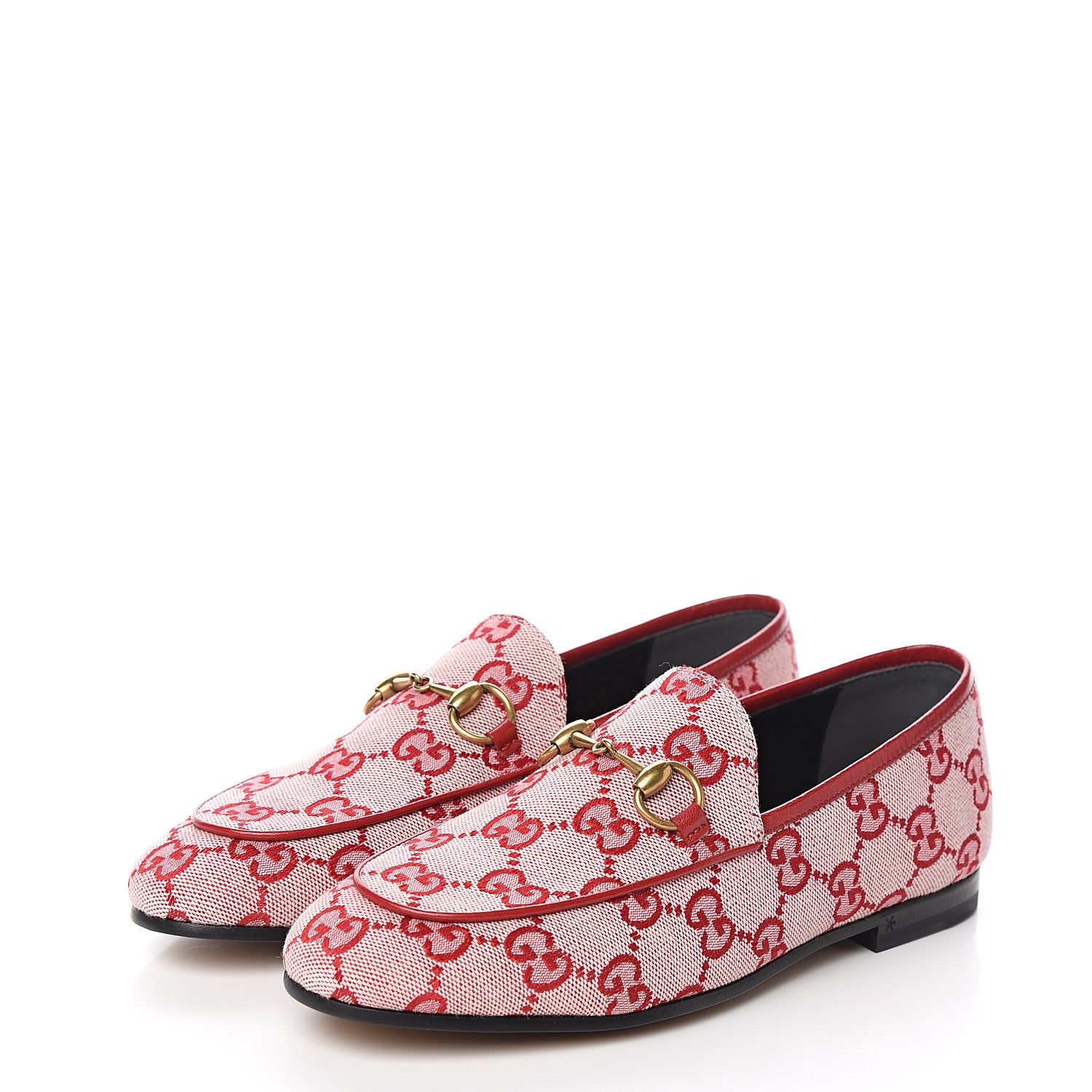 Gucci Canvas GG Monogram Horsebit Womens Jordaan Loafers 34 Gardenia Hibiscus Red 3 of 9