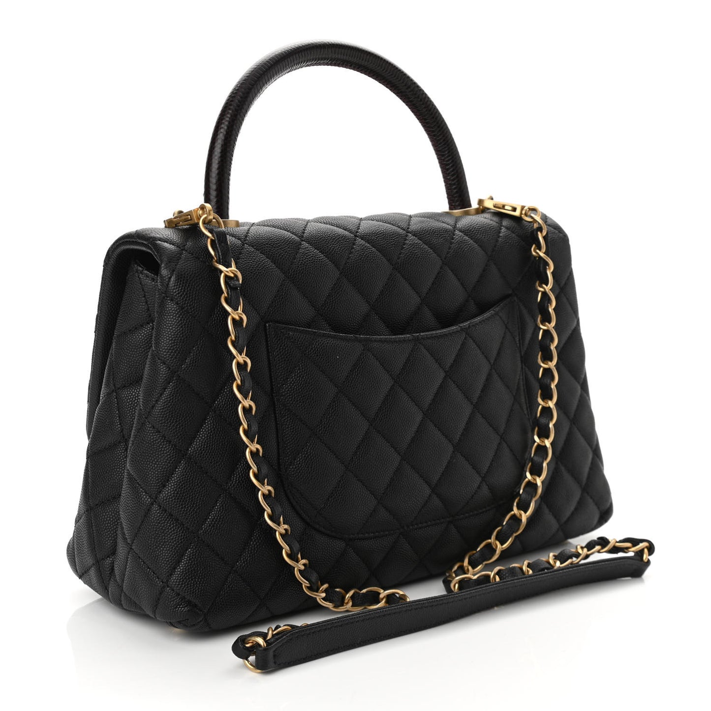 Caviar Lizard Embossed Quilted Small Coco Handle Flap Black