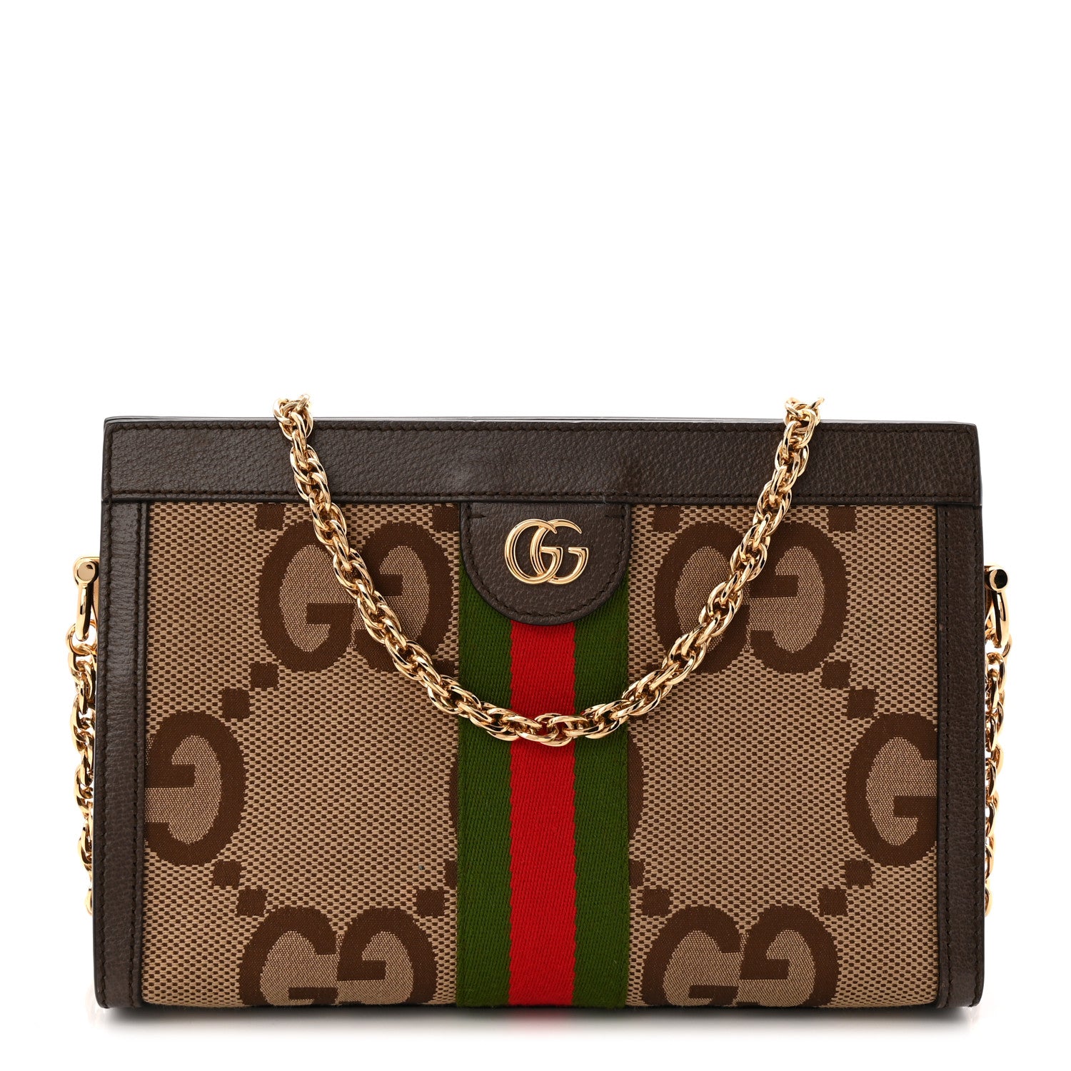 Gucci Monogram Jumbo GG Textured Dollar Calfskin Web Small Ophidia Chain Shoulder Bag Camel Ebony New Acero 1 of 10