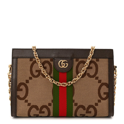 Gucci Monogram Jumbo GG Textured Dollar Calfskin Web Small Ophidia Chain Shoulder Bag Camel Ebony New Acero 1 of 10