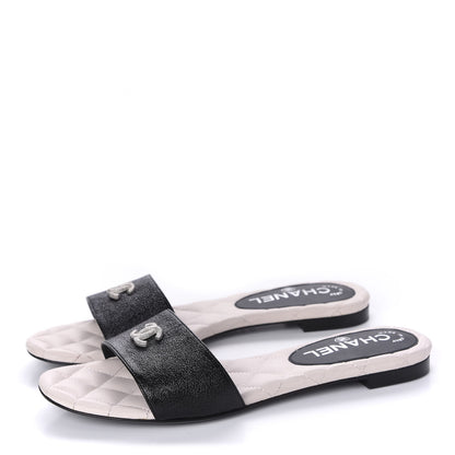Chanel Goatskin Lambskin Quilted CC Sandal Mules 37.5 Black White 3 of 9