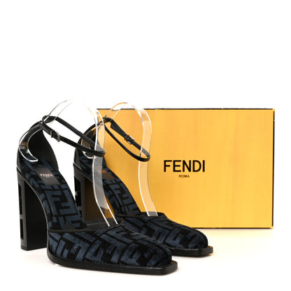 Fendi Chenille Jacquard FF Cut Baguette Ankle Strap 105mm Pumps 41 Black Blue 9 of 9