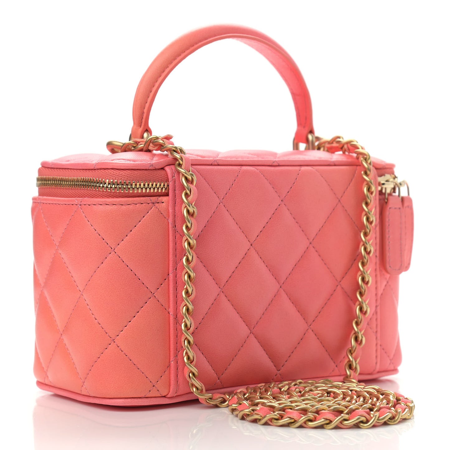 Lambskin Quilted Ombre Small Top Handle Vanity Case With Chain Coral