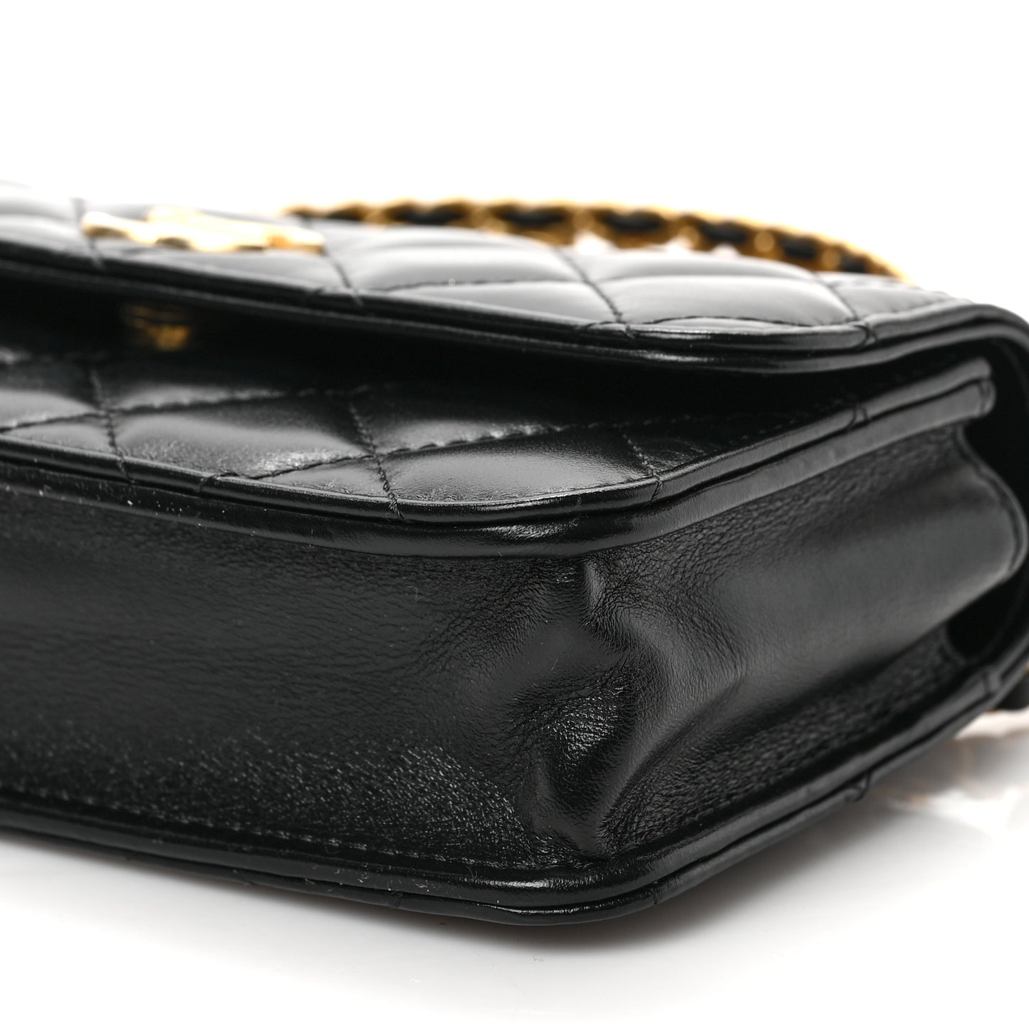 Shiny Calfskin Quilted Top Handle Flap Phone Holder With Chain Black