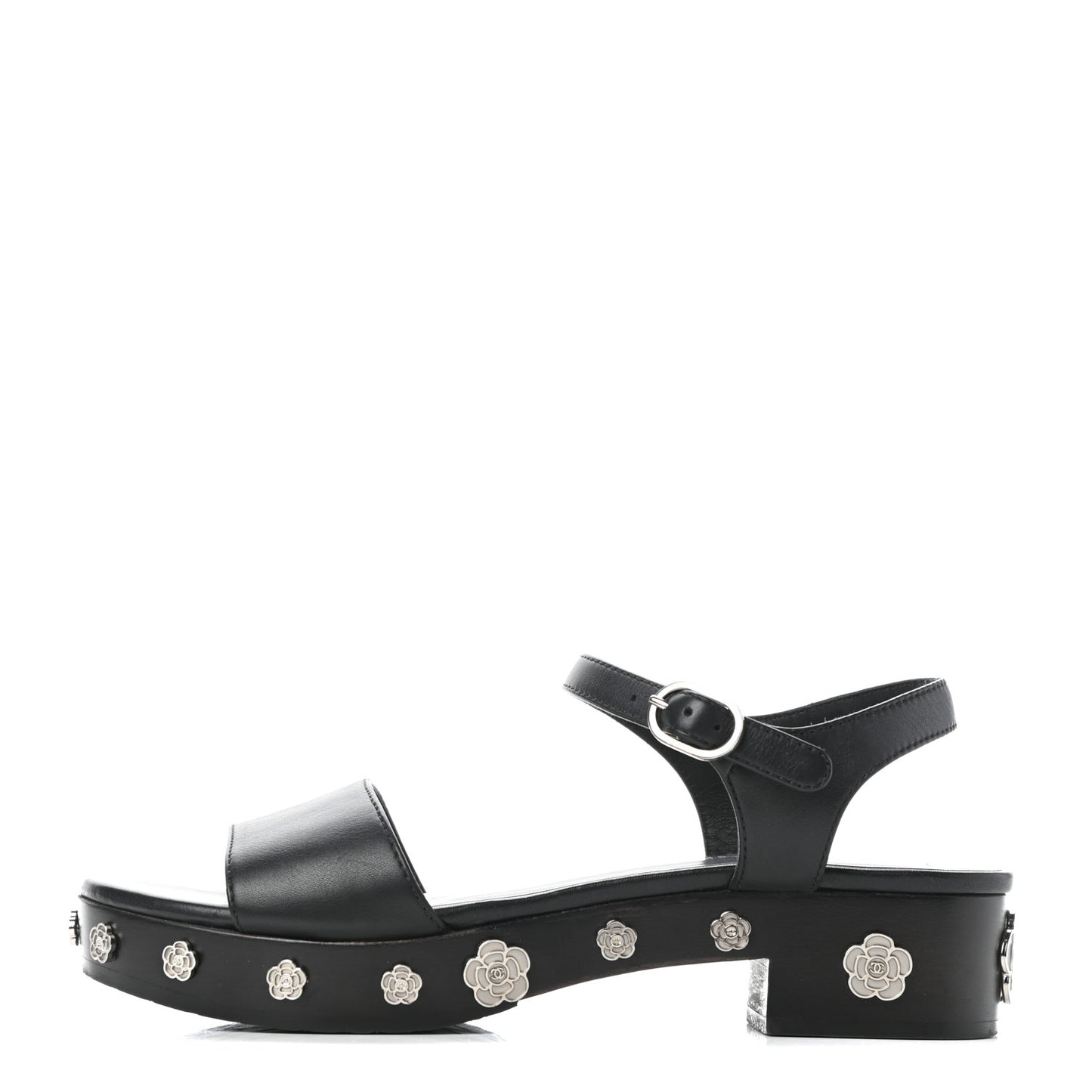 Calfskin Camellia Platform Sandals 37.5 Black
