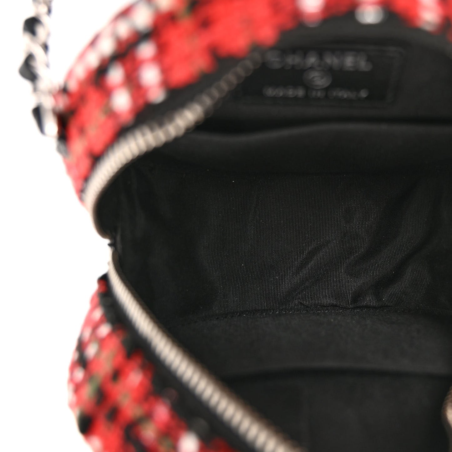 Tweed Quilted Round Filigree Clutch With Chain Red Black