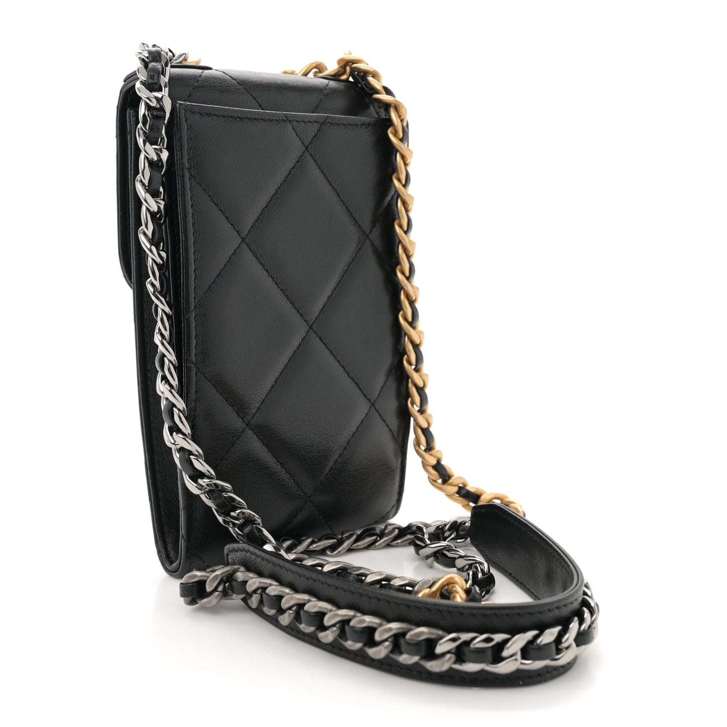 Lambskin Quilted Chanel 19 Phone Holder With Chain Black