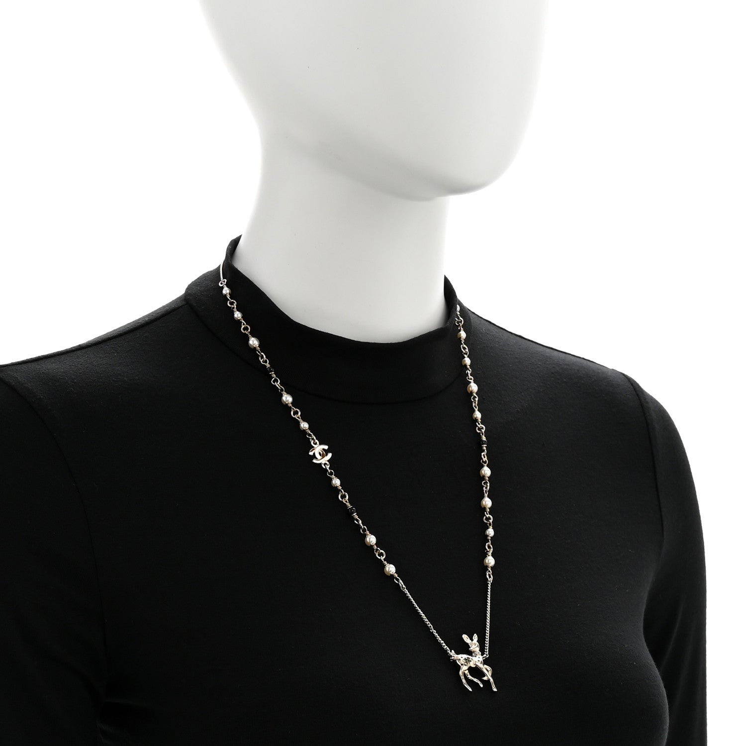 Chanel Metal Crystal Pearl Deer Pendant Necklace Green Black Gold 2 of 6