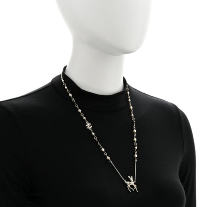 Chanel Metal Crystal Pearl Deer Pendant Necklace Green Black Gold 2 of 6