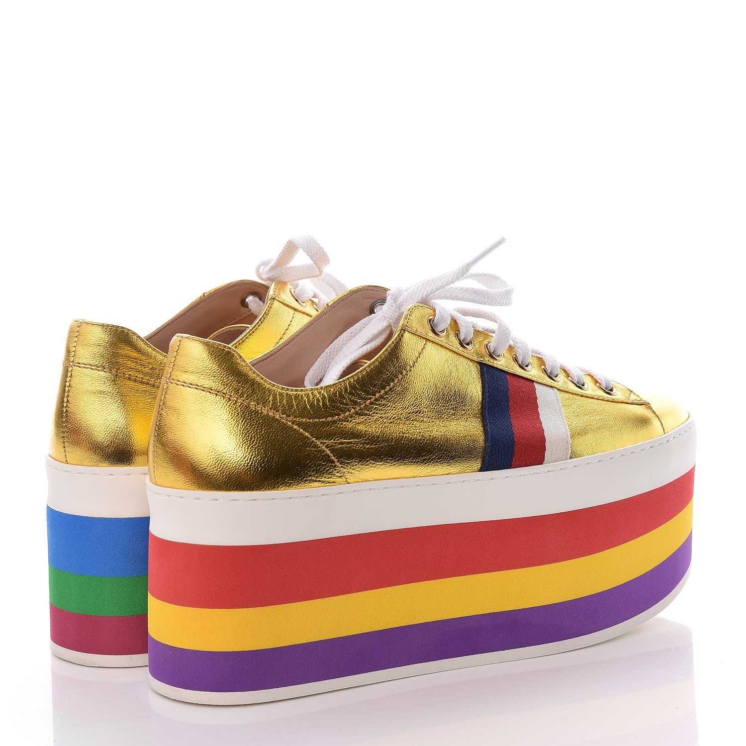 Gucci Metallic Nappa Sylvie Web Peggy Platform Sneakers 37.5 Oro Vecchio 4 of 12
