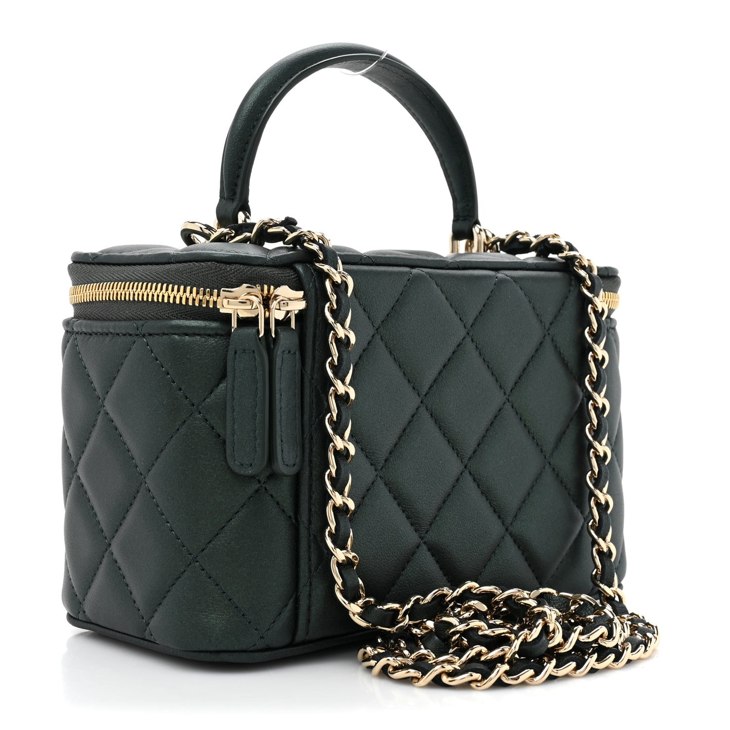 Iridescent Lambskin Quilted Small Top Handle Vanity Case With Chain Green