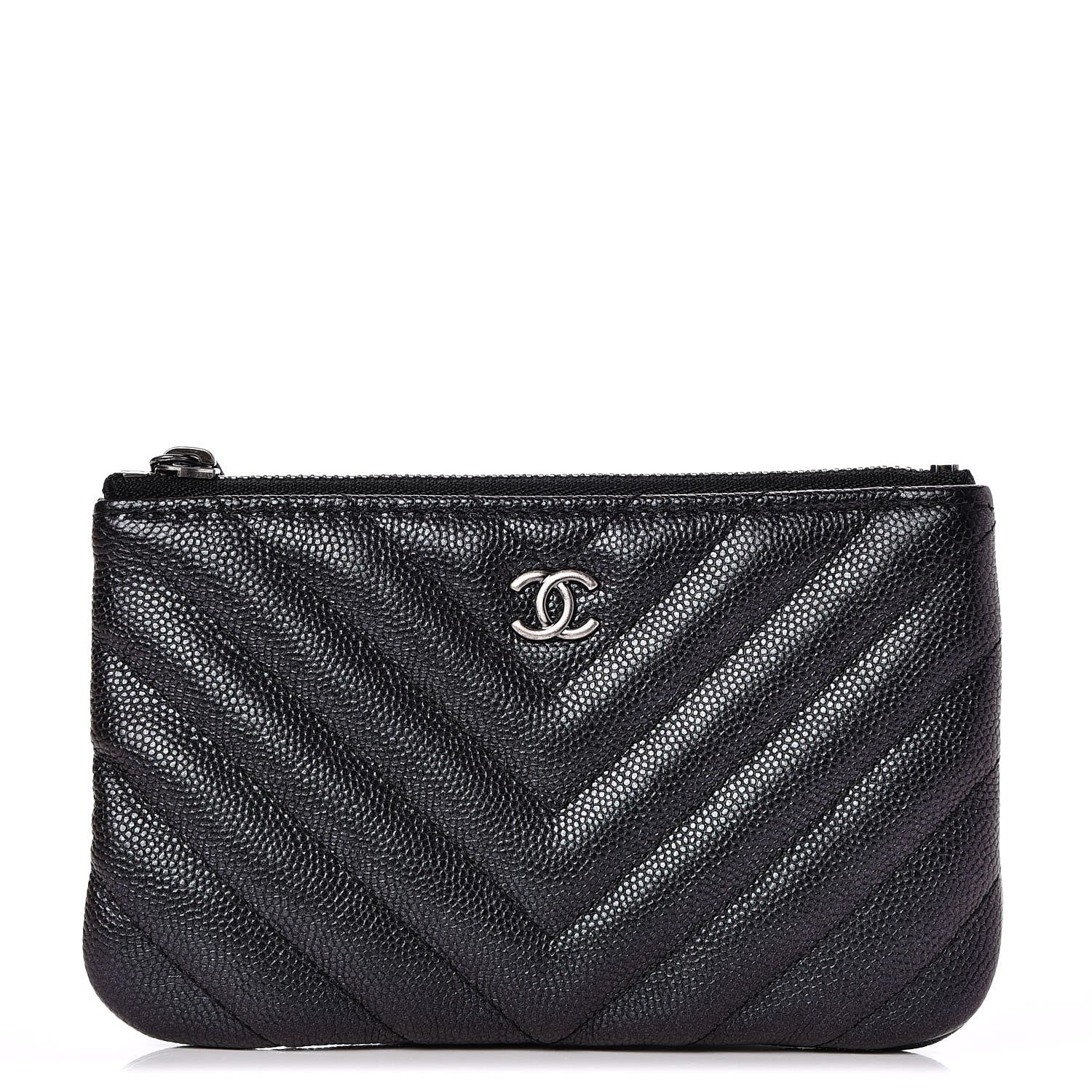Chanel Metallic Caviar Chevron Quilted Small Cosmetic Case Black 1 of 8