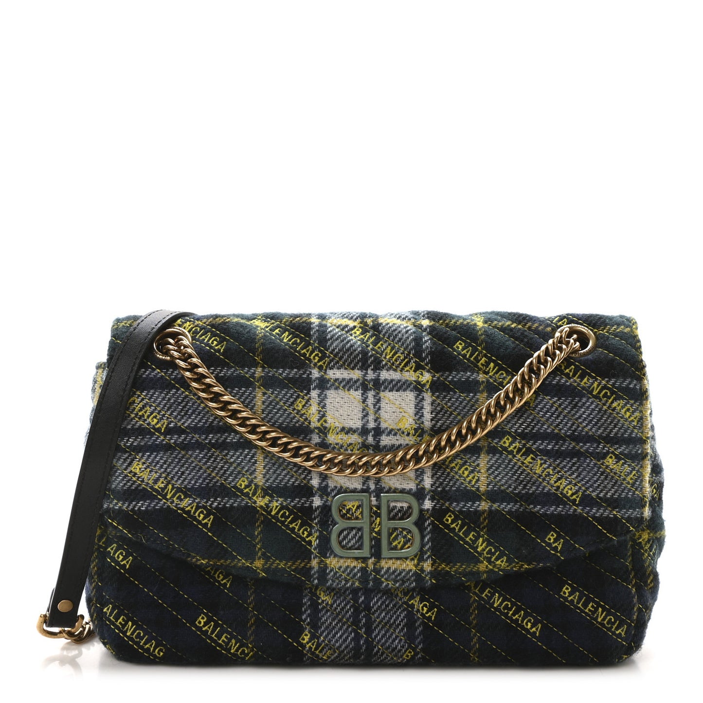 Wool Plaid Diagonal Allover Logo Matelasse M BB Round Shoulder Bag Green Blue Yellow