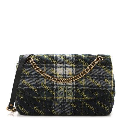 Balenciaga Wool Plaid Diagonal Allover Logo Matelasse M BB Round Shoulder Bag Green Blue Yellow 1 of 9