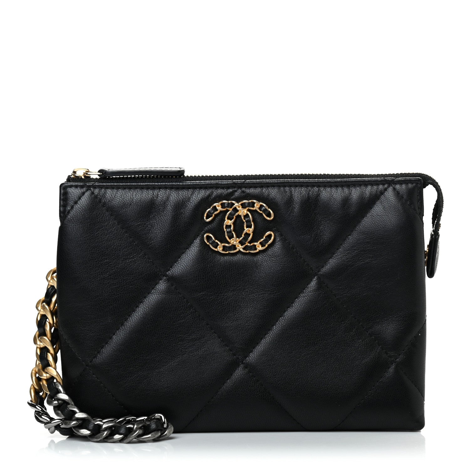 Chanel Shiny Goatskin Quilted Small Chanel 19 Pouch With Handle Black 1 of 7