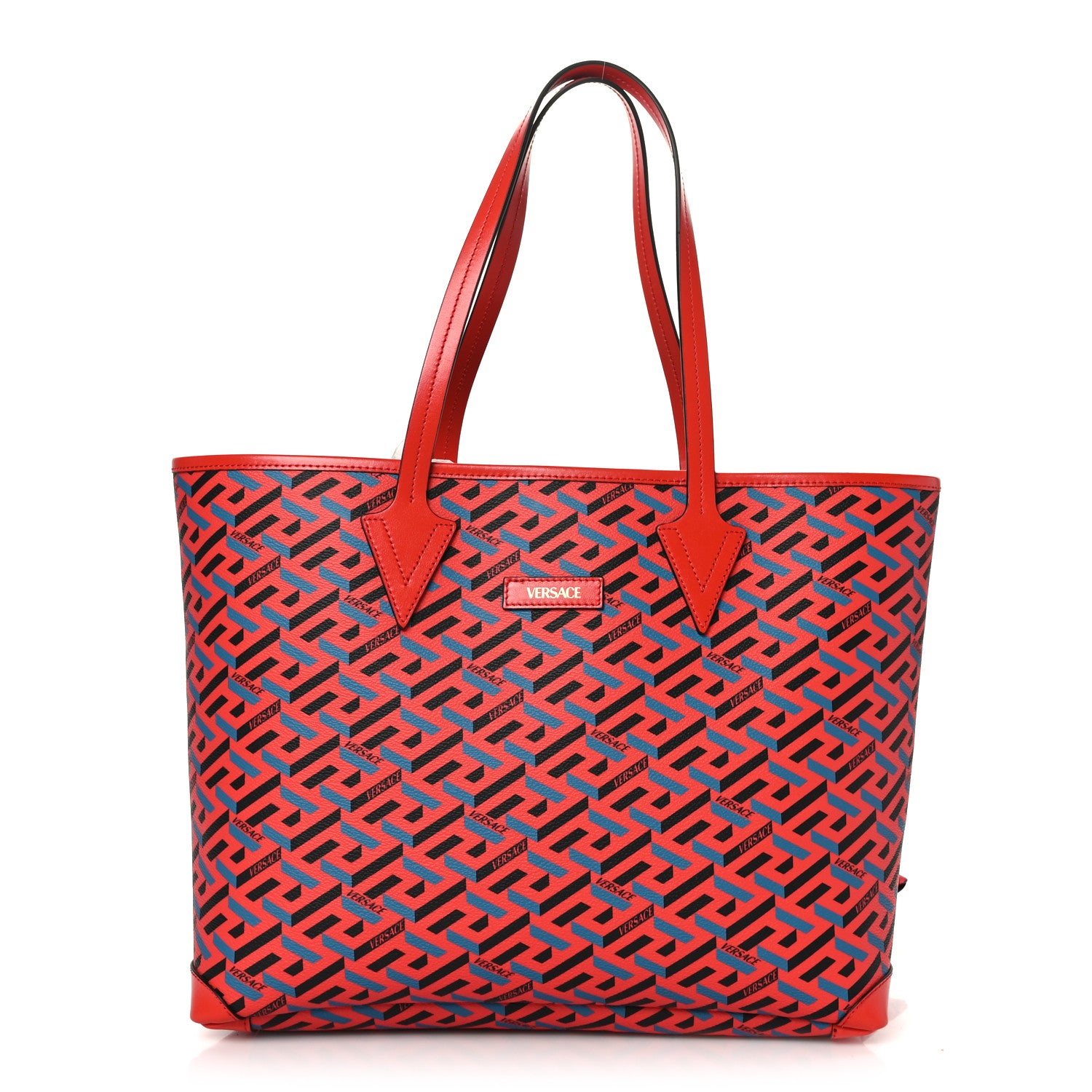 Versace Coated Canvas Calfskin La Greca Signature Shopper Tote Bag Blue Red 1 of 9