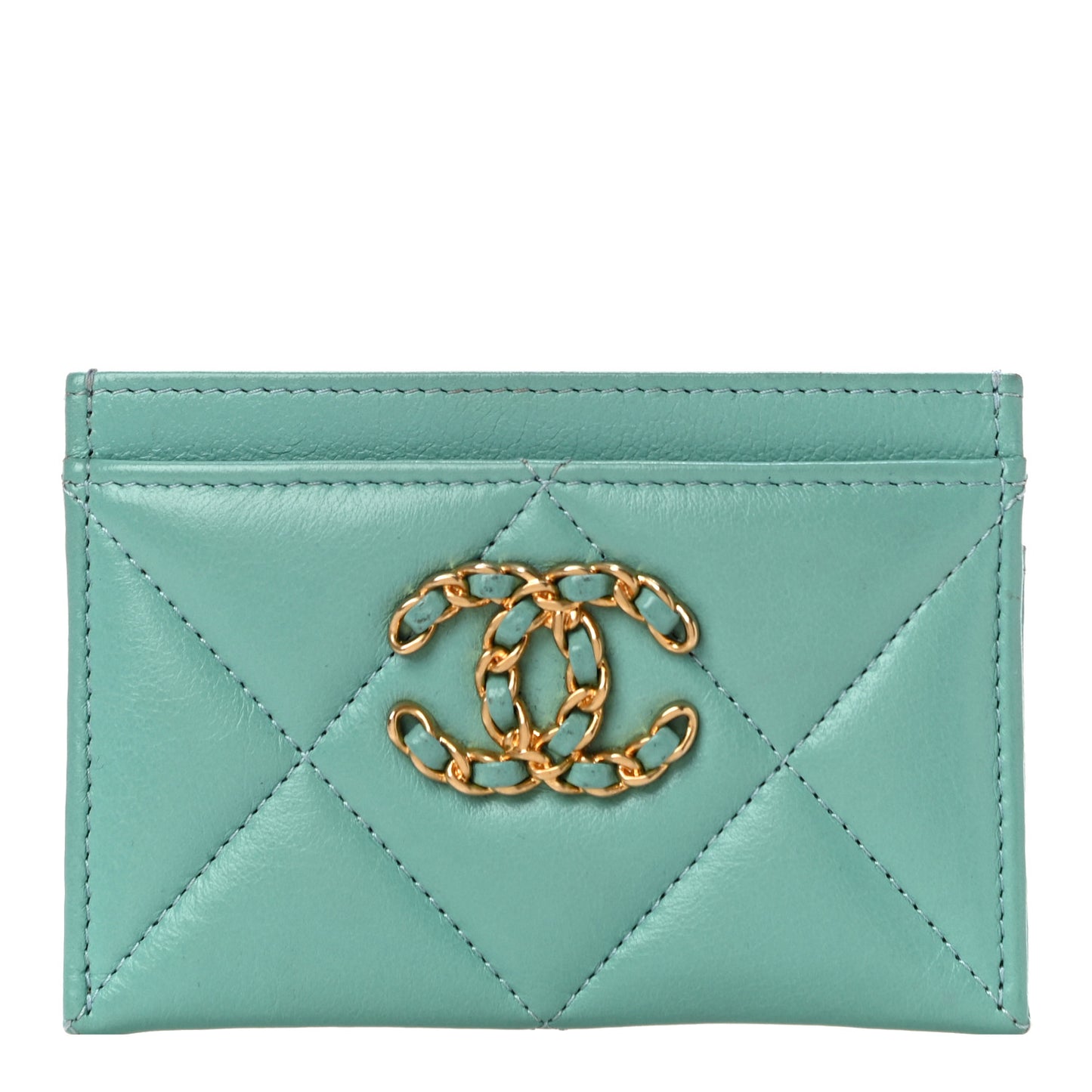 Shiny Goatskin Quilted Chanel 19 Card Holder Turquoise