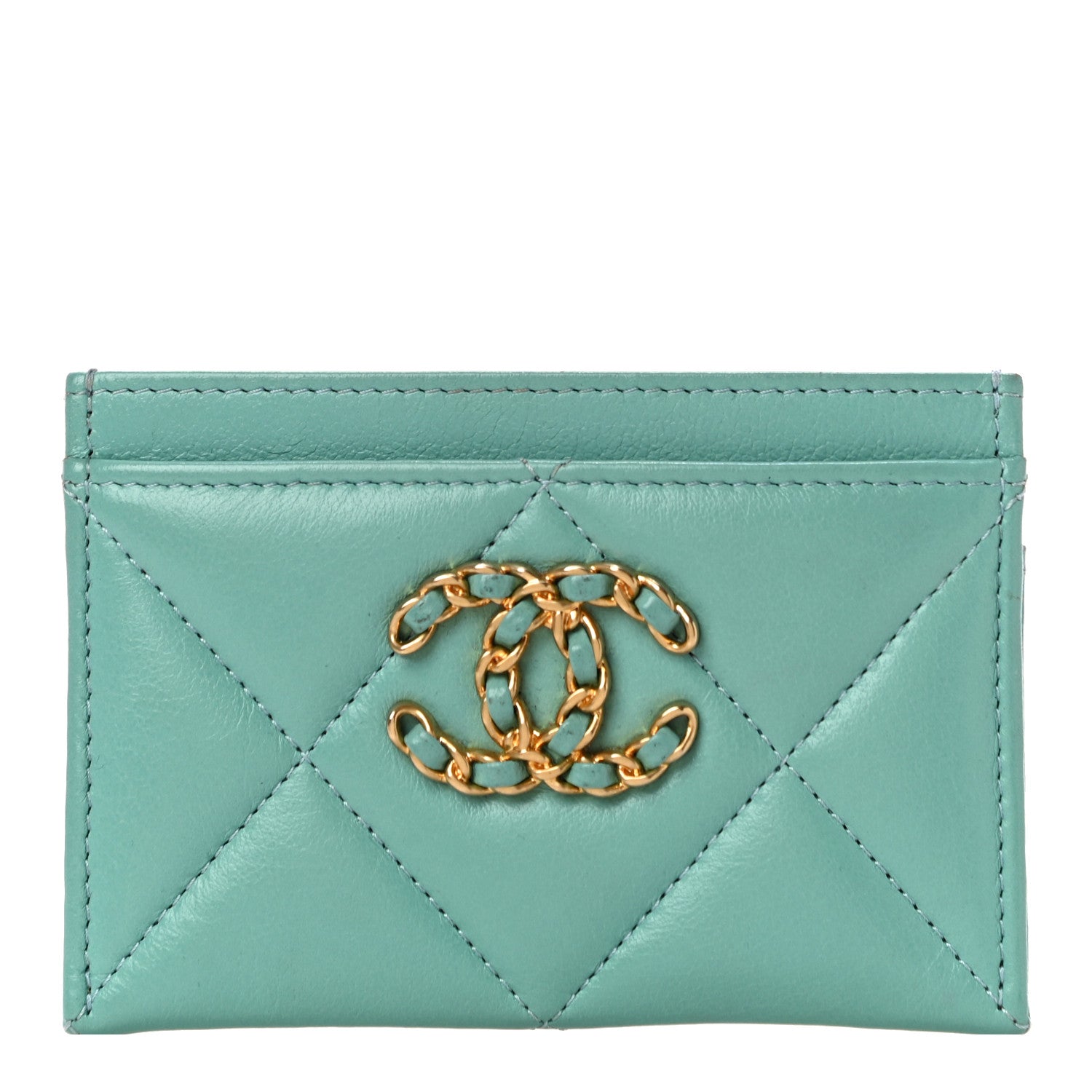 Chanel Shiny Goatskin Quilted Chanel 19 Card Holder Turquoise 1 of 12