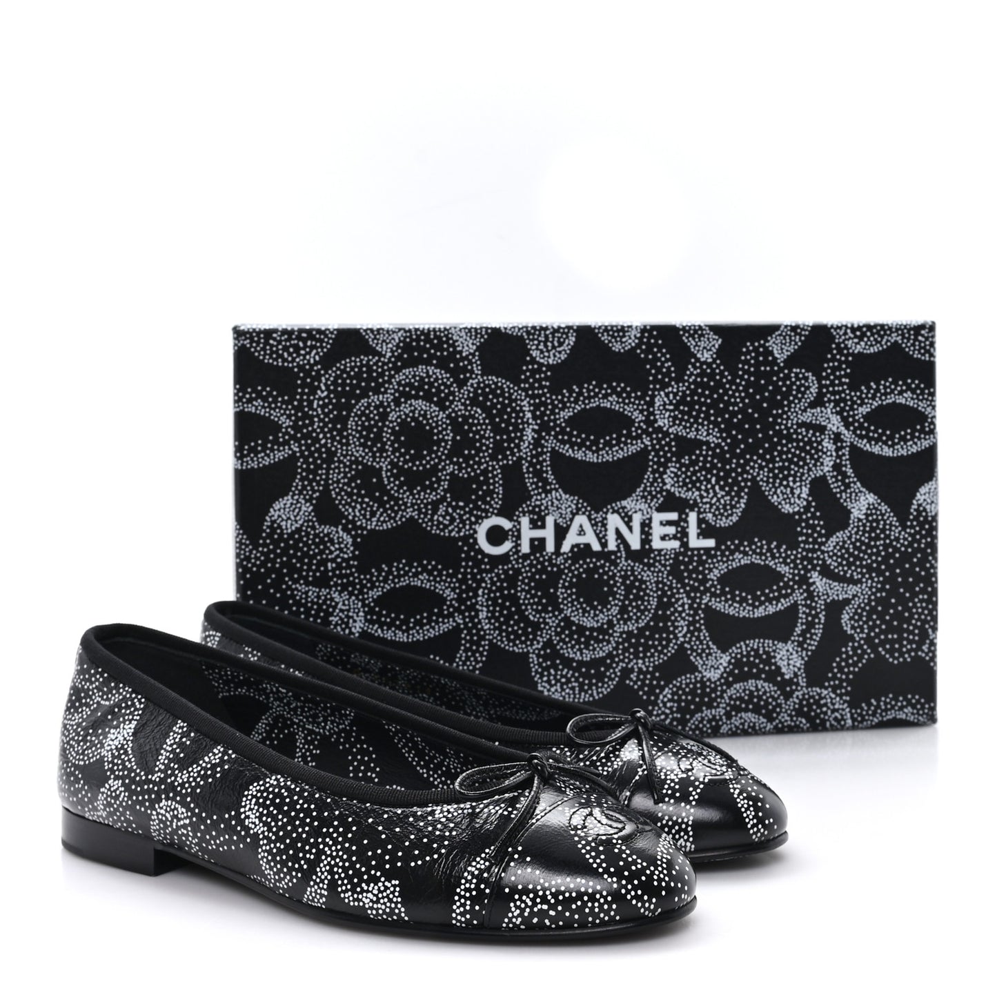 Calfskin Camellia Printed Cap Toe Ballerina Flats 36.5 Black White