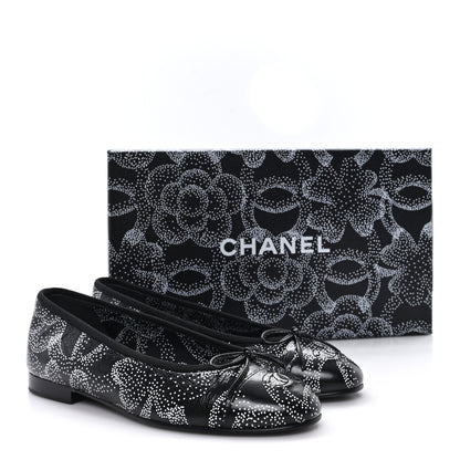 Chanel Calfskin Camellia Printed Cap Toe Ballerina Flats 36.5 Black White 10 of 10
