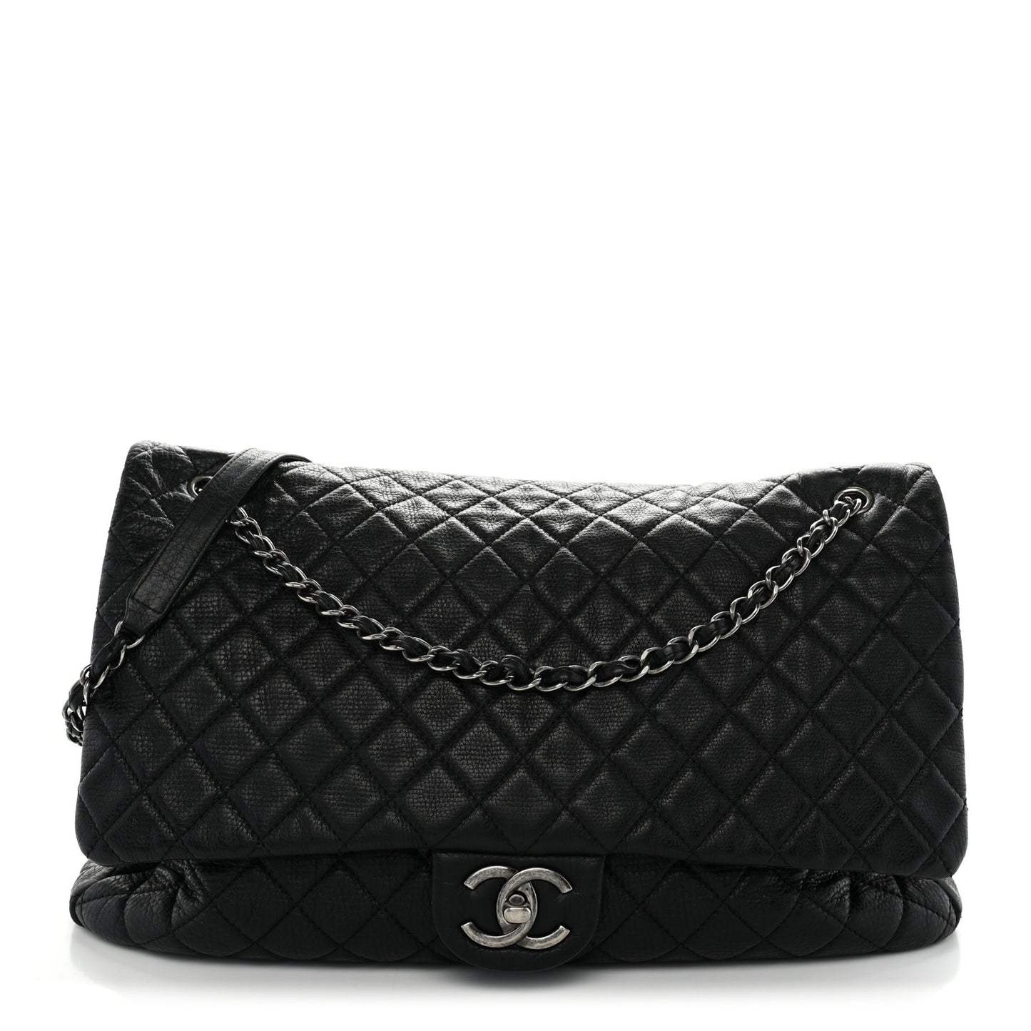 Grained Calfskin Quilted XXL Travel Flap Bag Black