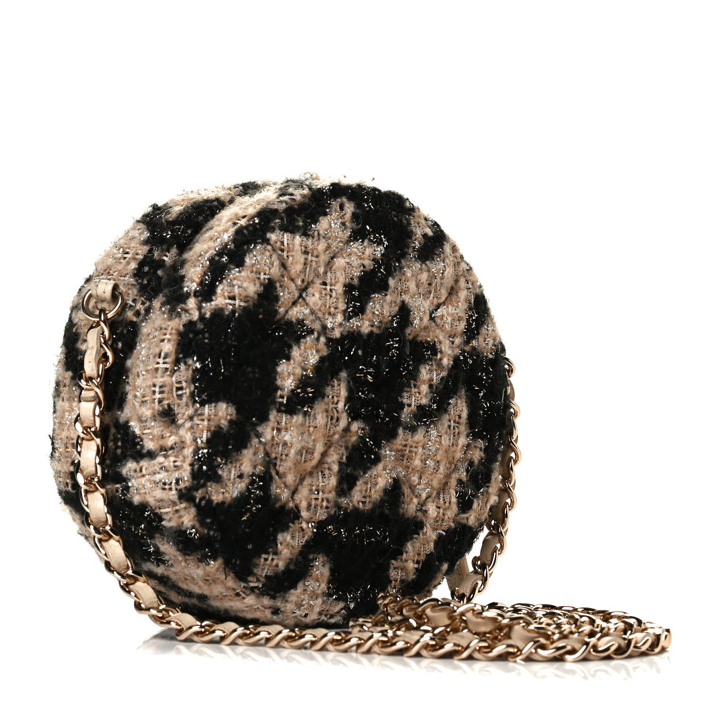 Tweed Shearling Round Clutch With Chain and Coin Purse Beige Black