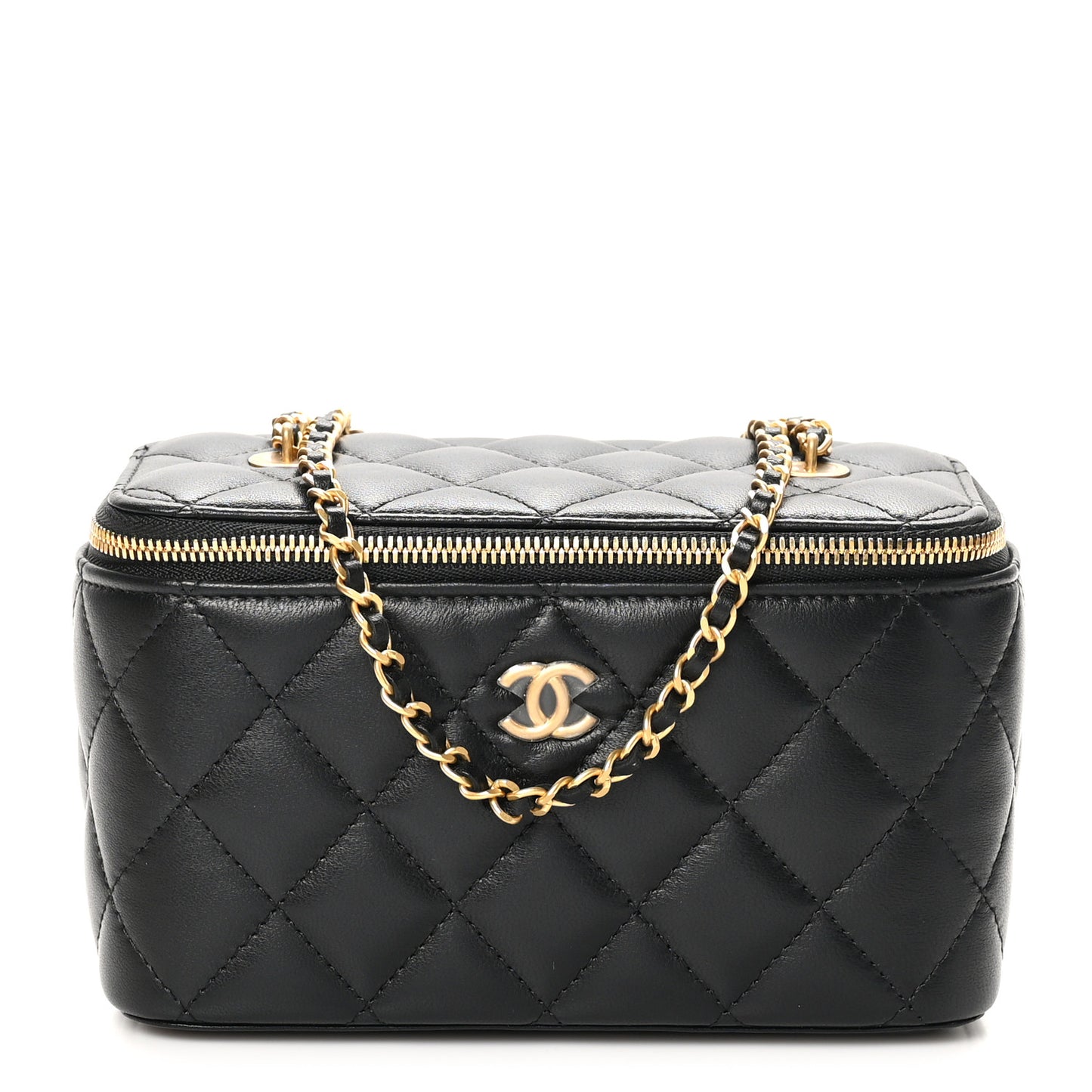 Lambskin Enamel Quilted Small Coco Hearts Vanity Case With Chain Black