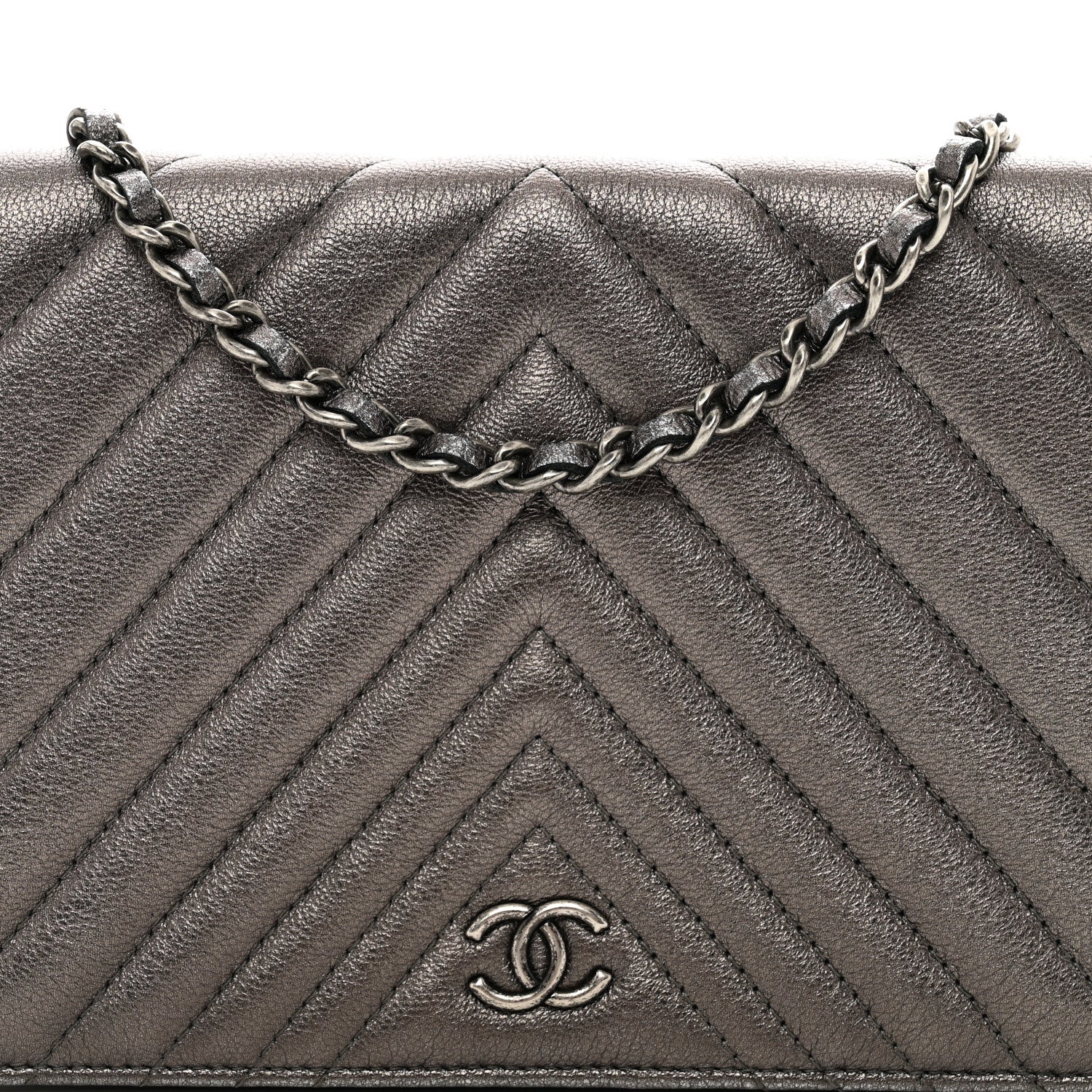 Chanel Metallic Lambskin Chevron Quilted Wallet On Chain WOC Grey 5 of 13