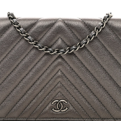 Chanel Metallic Lambskin Chevron Quilted Wallet On Chain WOC Grey 5 of 13