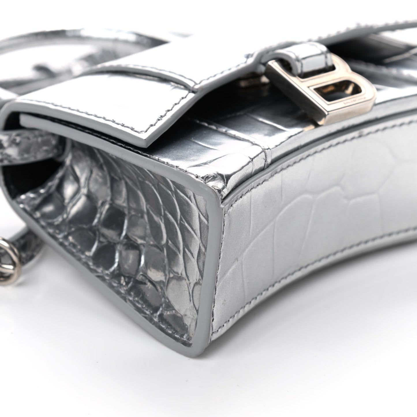 Metallic Calfskin Crocodile Embossed Hourglass Top Handle Bag Mini Silver