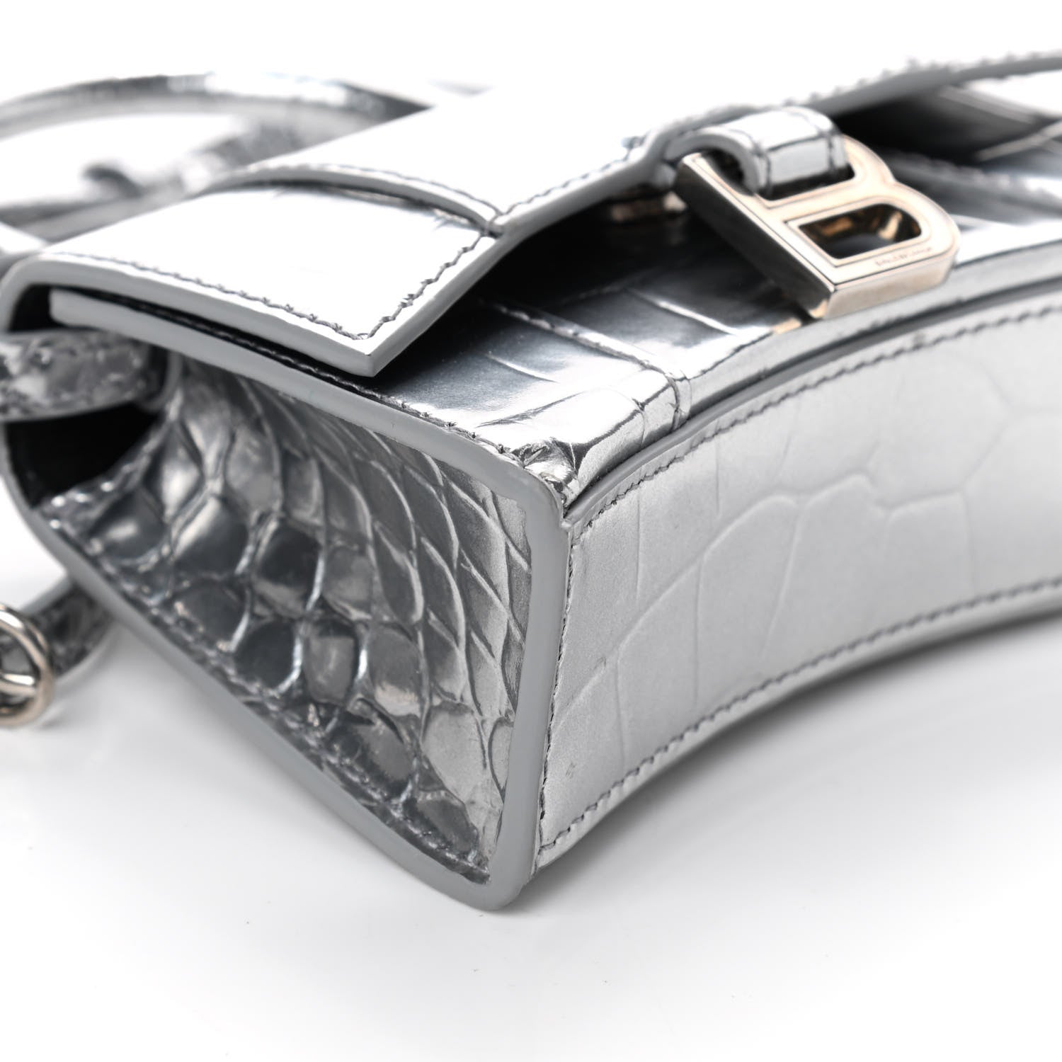Balenciaga Metallic Calfskin Crocodile Embossed Hourglass Top Handle Bag Mini Silver 7 of 8