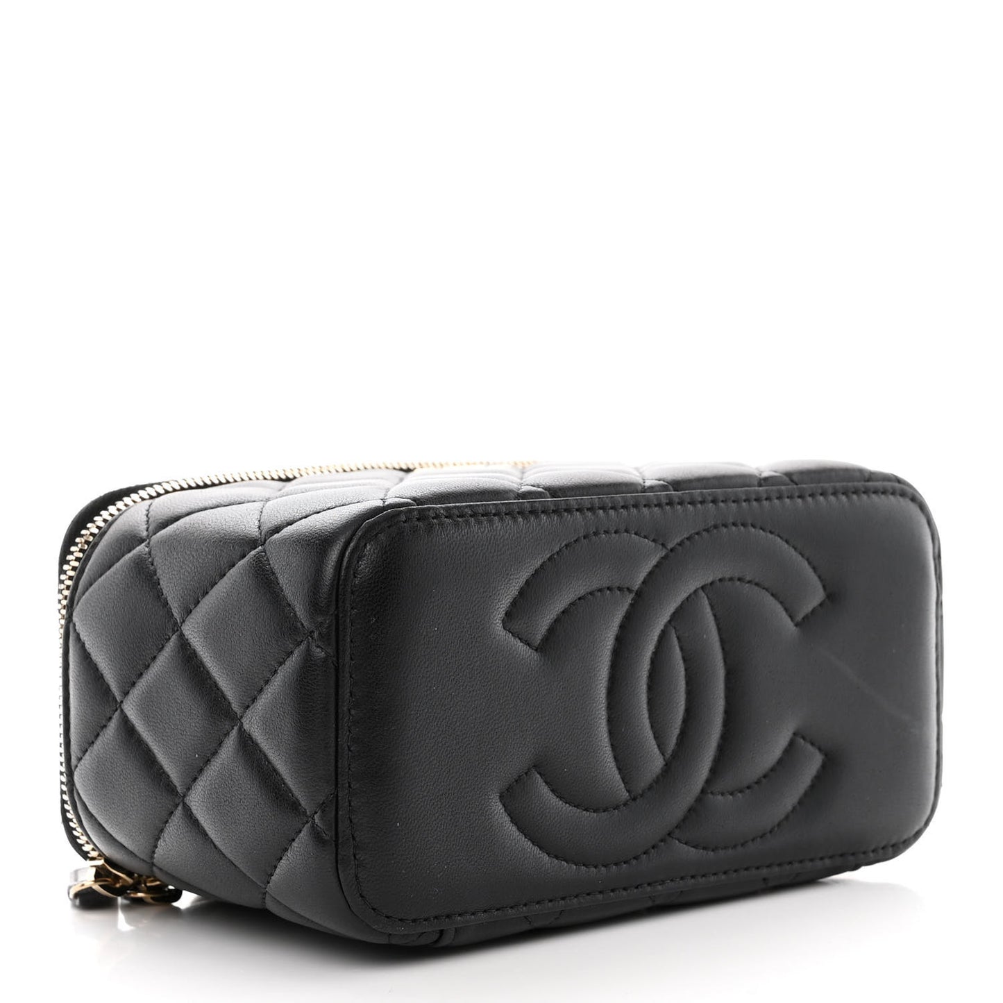 Lambskin Quilted Metal Small Top Handle Vanity Case With Chain Black