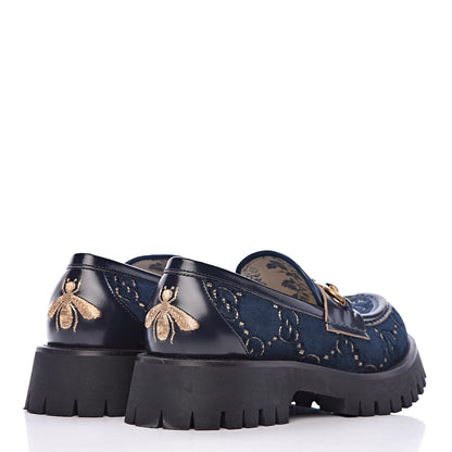 Gucci Velvet Cordovan Lux Granada Kid GG Monogram Womens Harald Horsebit 25mm Platform Loafers 39 Blue Beige 4 of 8