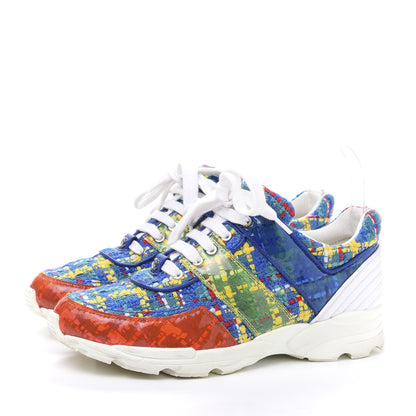 Chanel Tweed Calfskin Tennis Sneakers 37 Red Yellow Blue 3 of 9