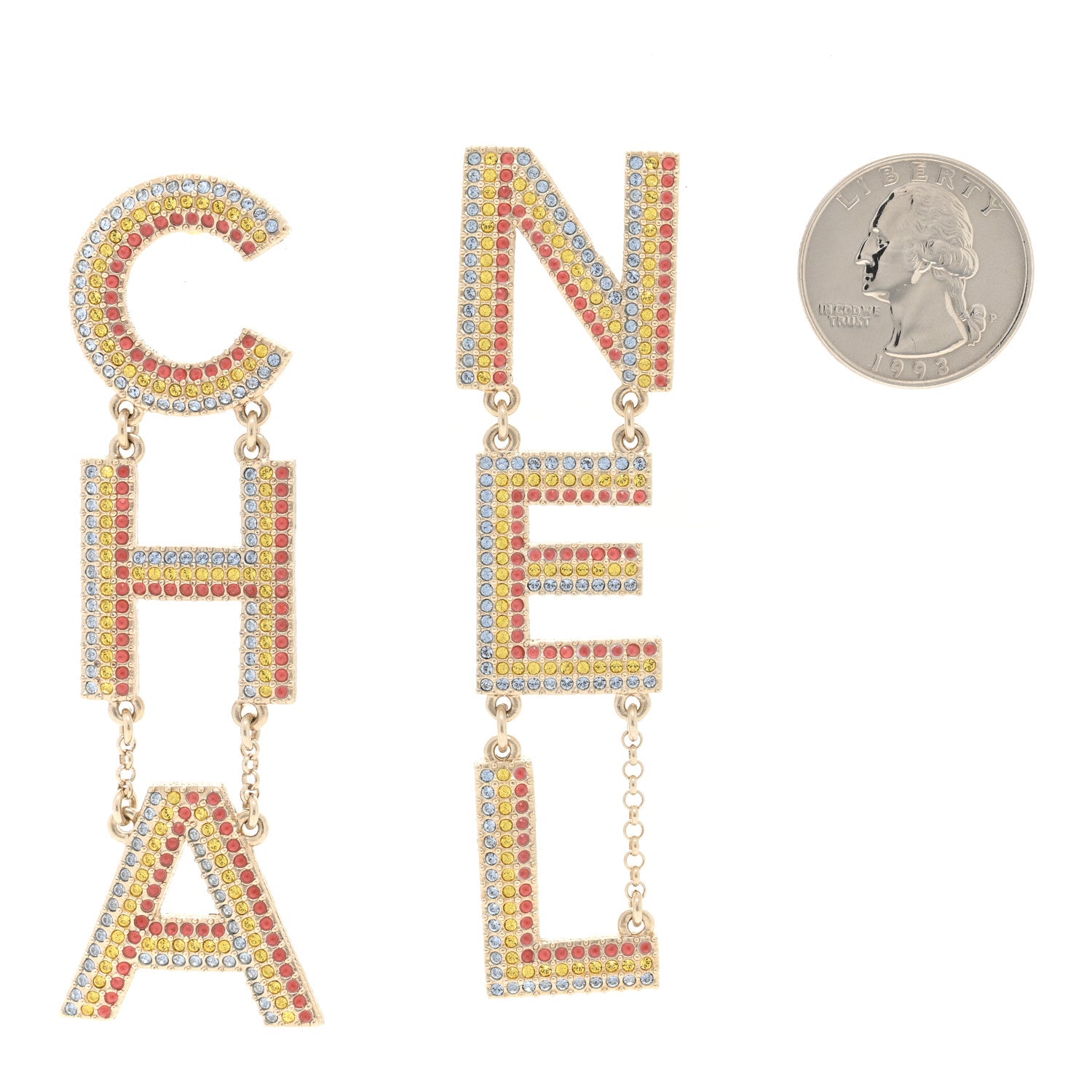 Chanel Metal Crystal Rainbow Cha-Nel Logo Drop Earrings Multicolor Gold 2 of 5