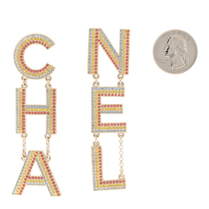 Chanel Metal Crystal Rainbow Cha-Nel Logo Drop Earrings Multicolor Gold 2 of 5