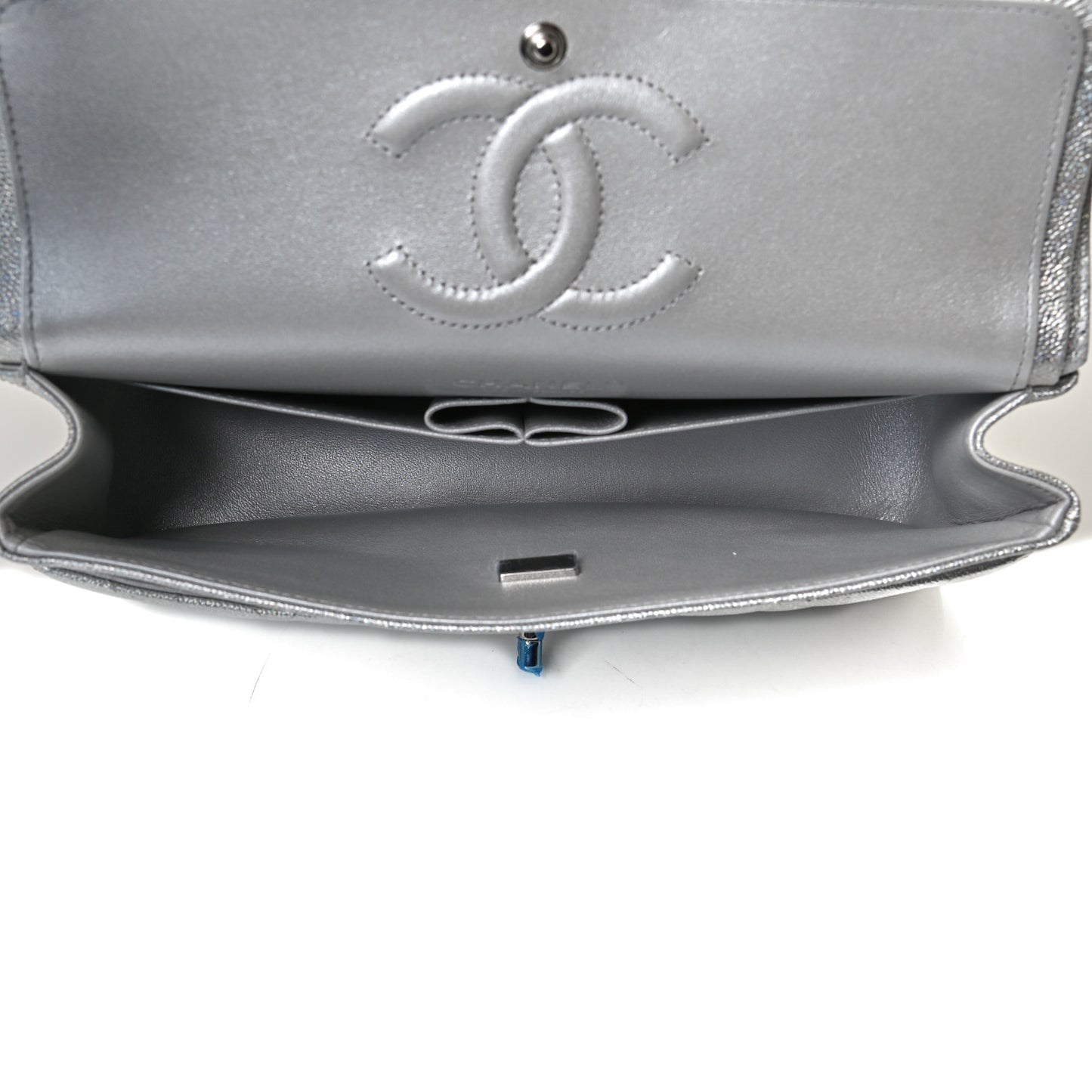 Glittered Metallic Caviar Quilted Medium Double Flap Silver