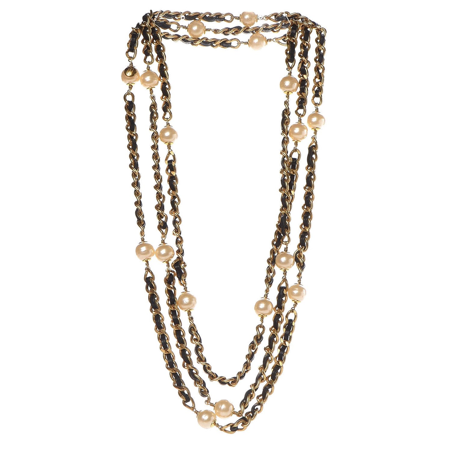 Lambskin Pearl Chain Necklace Black Gold