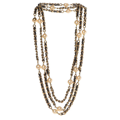 Chanel Lambskin Pearl Chain Necklace Black Gold 4 of 5