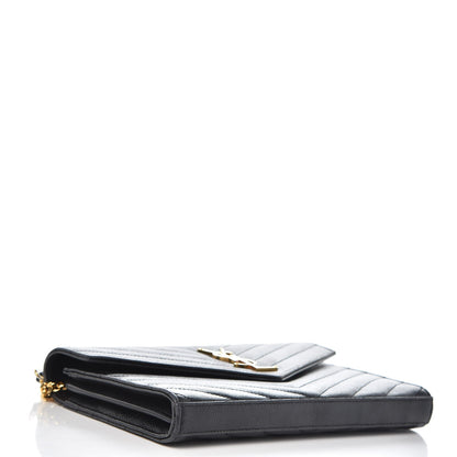 Saint Laurent Grain De Poudre Matelasse Chevron Monogram Chain Wallet Black 4 of 12