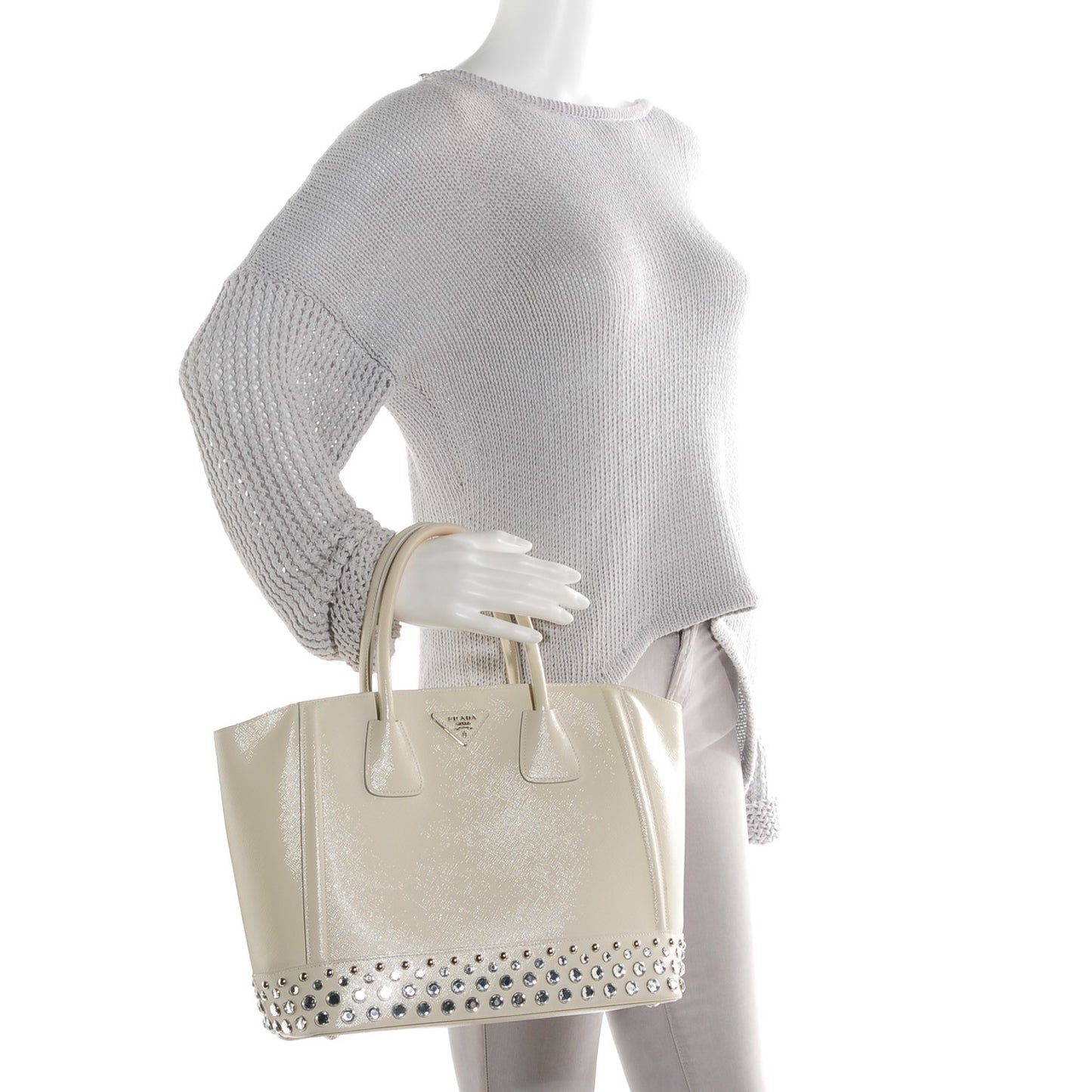 Saffiano Vernice Crystal Studded Tote Talco