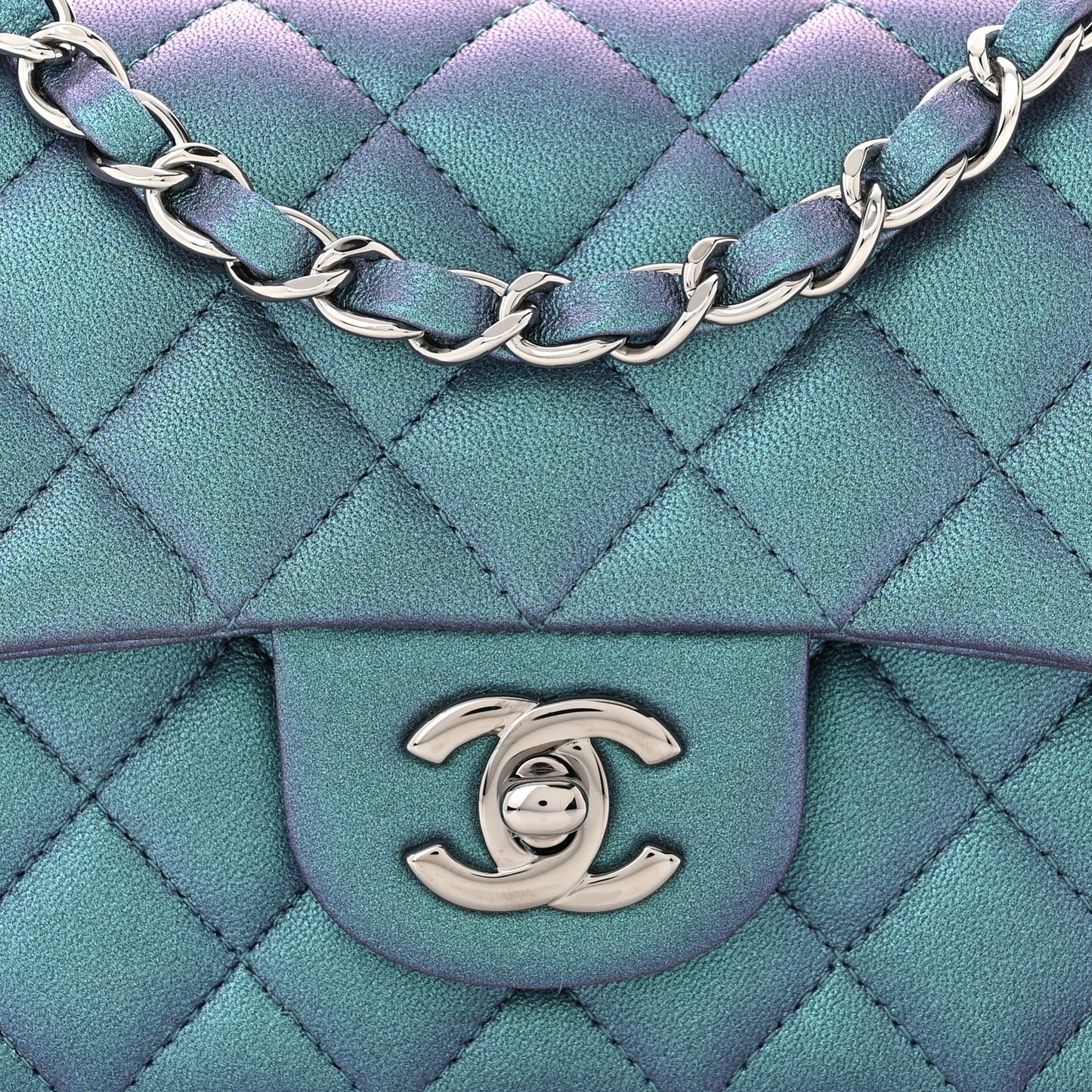 Iridescent Lambskin Quilted Mini Rectangular Flap Turquoise