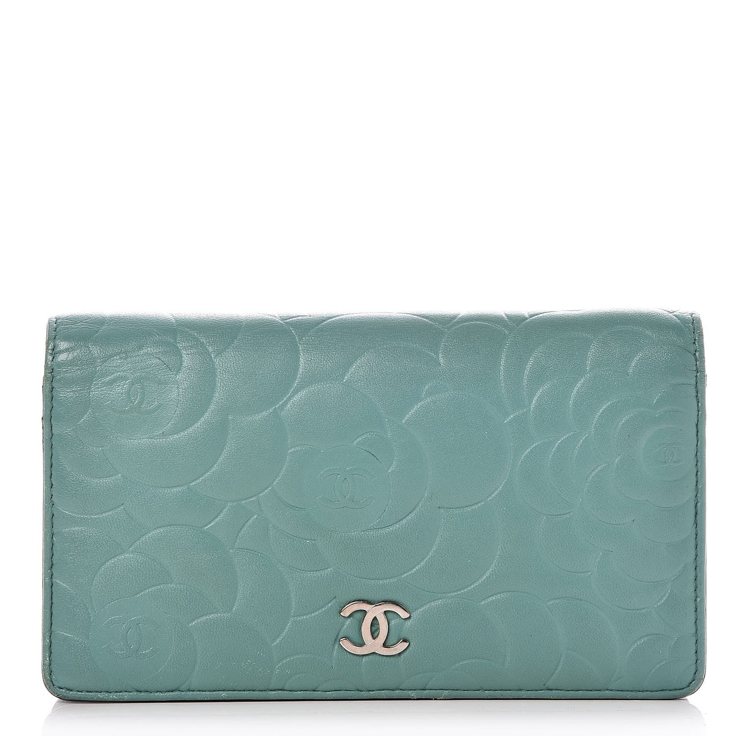 Lambskin Camellia Embossed Yen Wallet Green