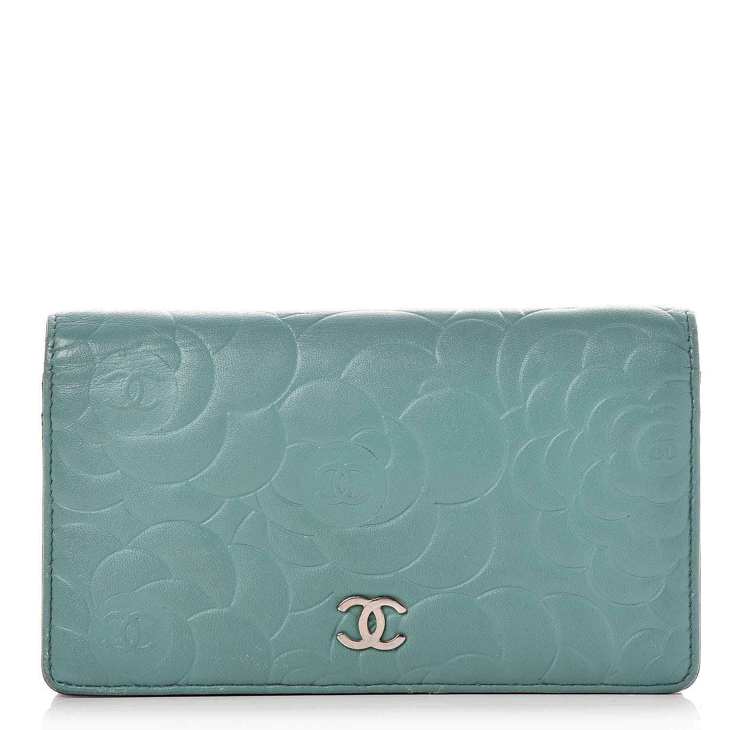 Chanel Lambskin Camellia Embossed Yen Wallet Green 1 of 9