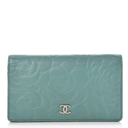 Chanel Lambskin Camellia Embossed Yen Wallet Green 1 of 9